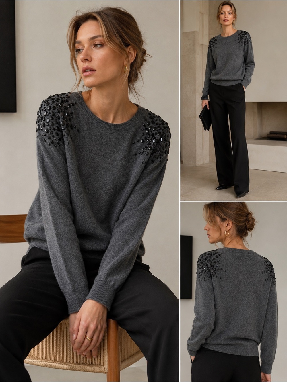 Neiman  Marcus Embellished Charcoal Gray Women's Cashmere Sweater SZ L  M-8